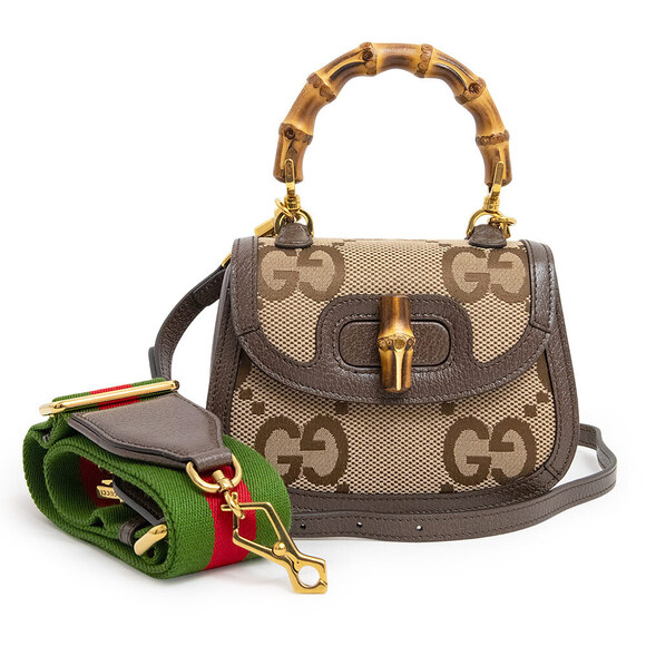 Gucci Bamboo Top Handle Handbag Jumbo GG Leather Brown Beige - Picture 1 of 9